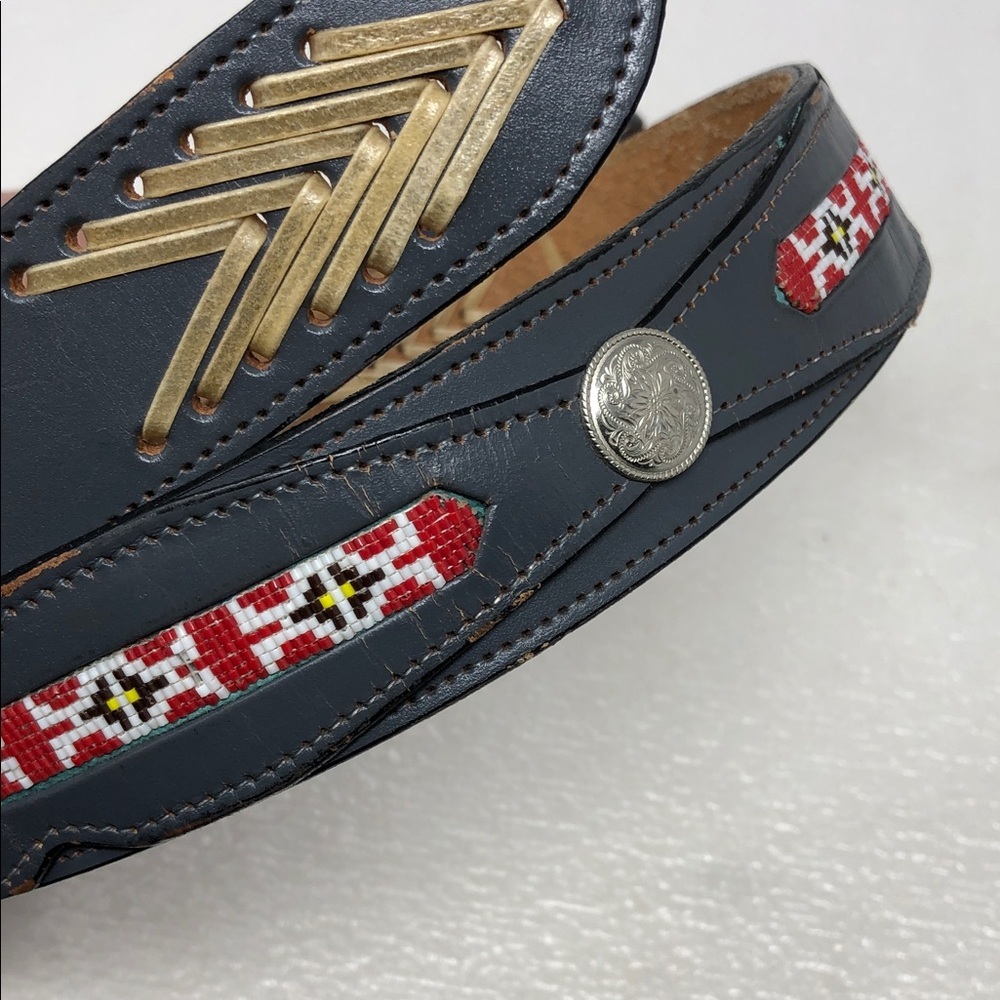 Custom Southwestern Beaded Gray Leather Belt Milan New Mexico Men’s Size 38